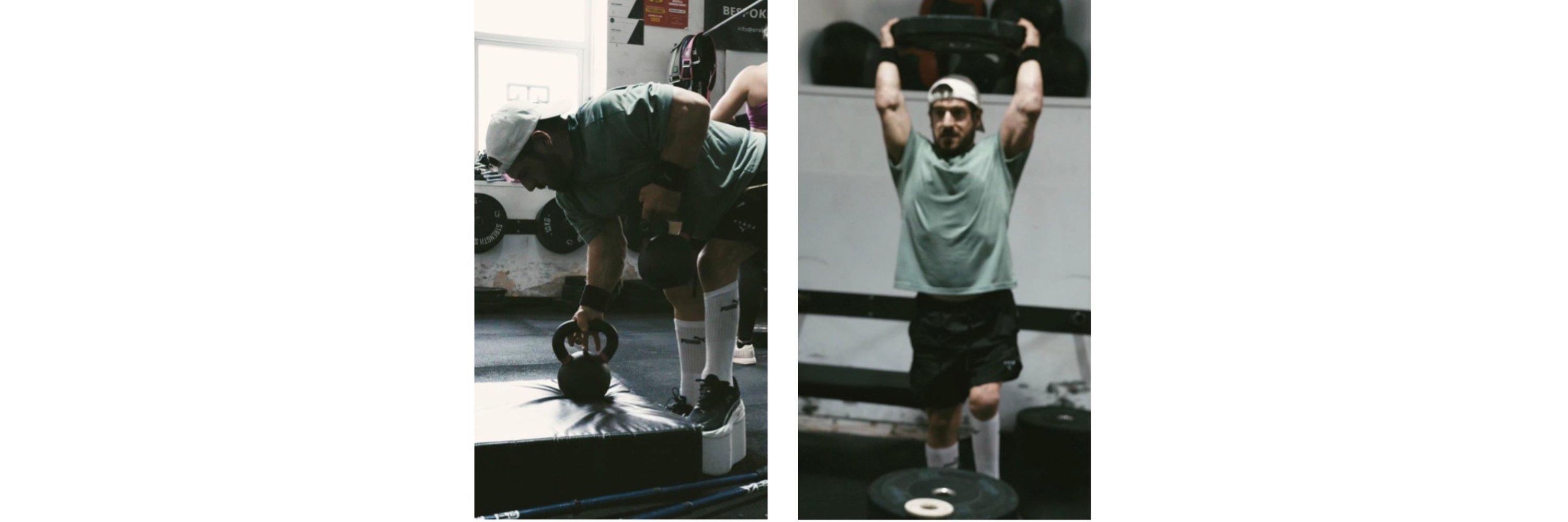 David van Wetherill working out in the gym with weights and kettlebells