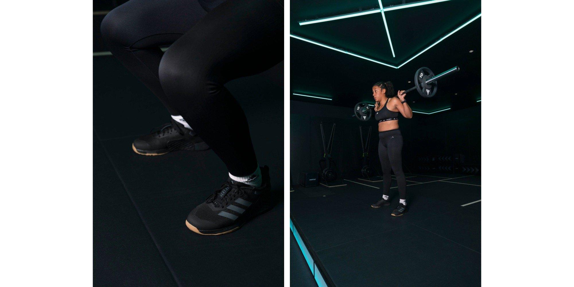 Two images of Emma showing how to do a squat