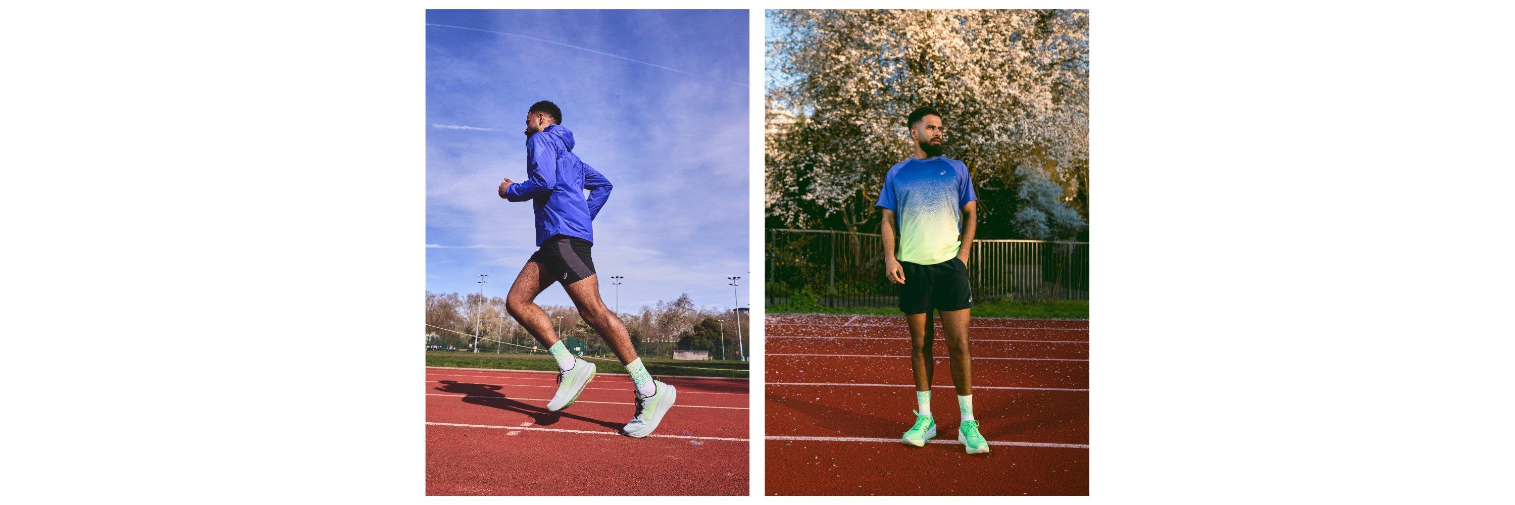 Two pictures of a man wearing running clothing. One whilst running.