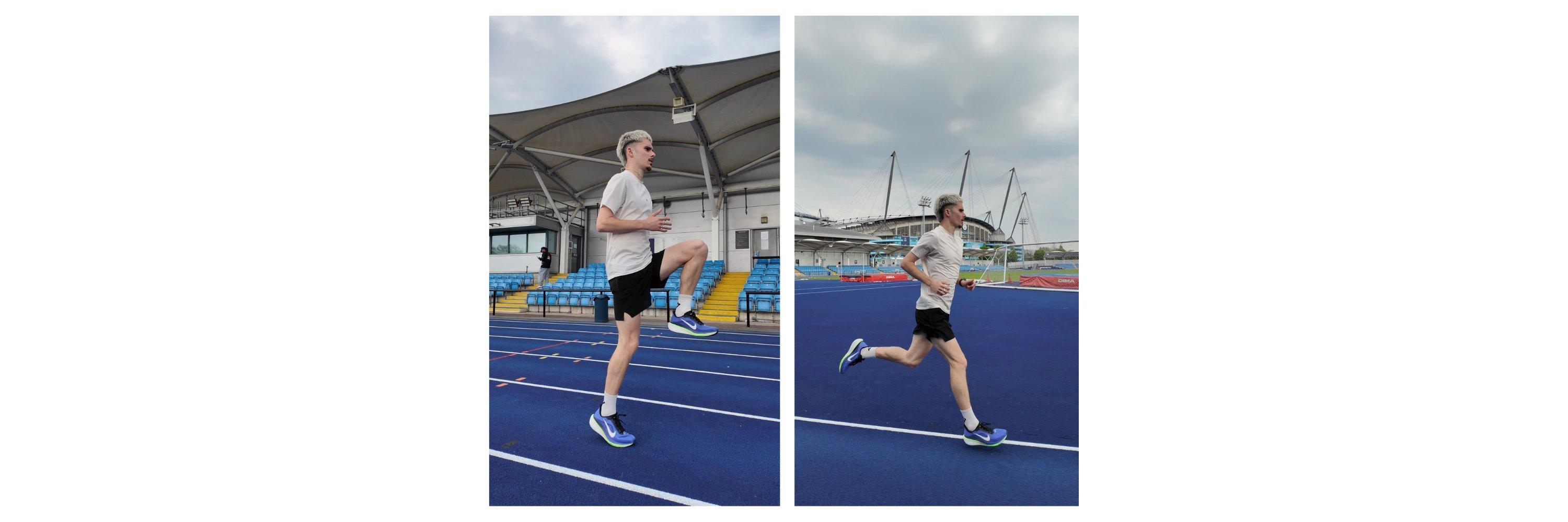 Two pictures of a  man wearing running gear on a running track in the action of running