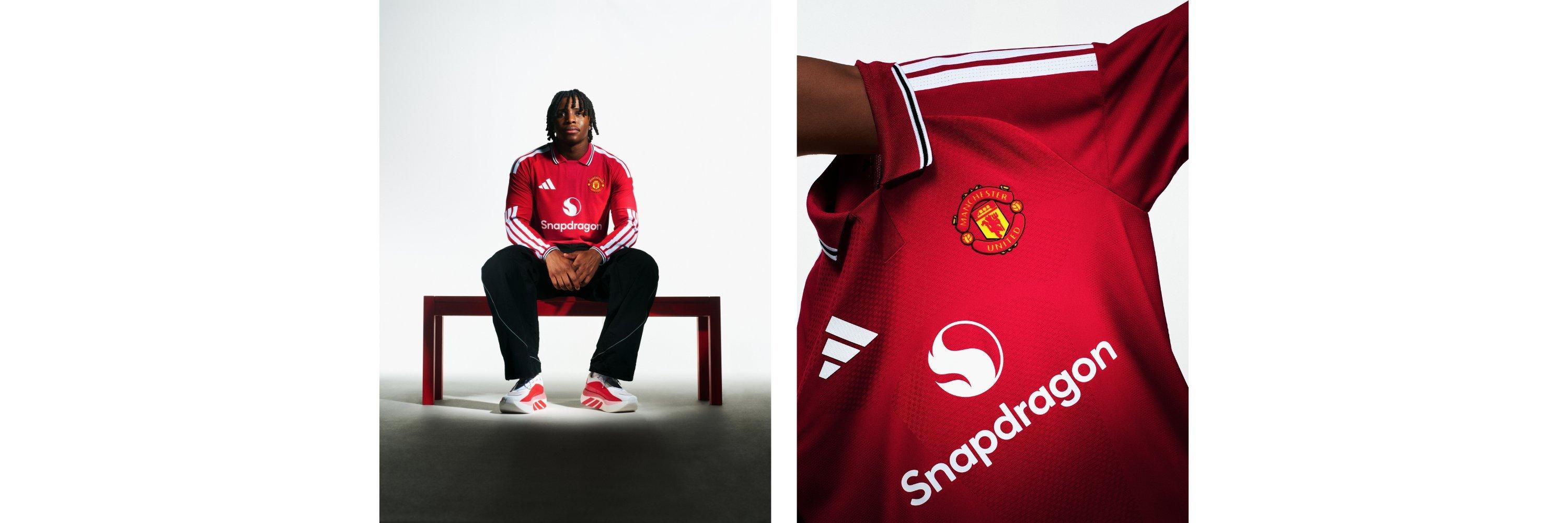 A man sitting on a bench wearing the 2026 / 2027 Man United Home Shirt