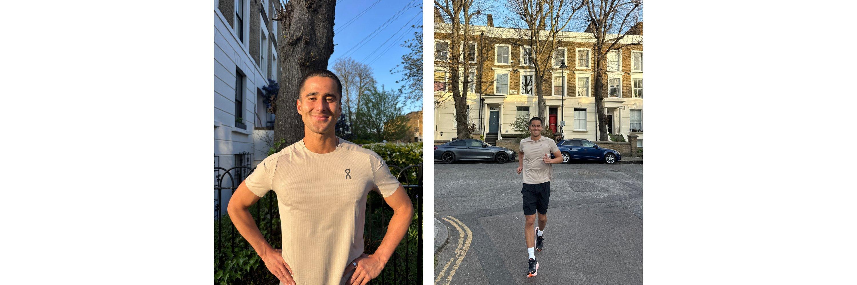 Two pictures of a man smiling whilst wearing running clothing with a london outdoor background