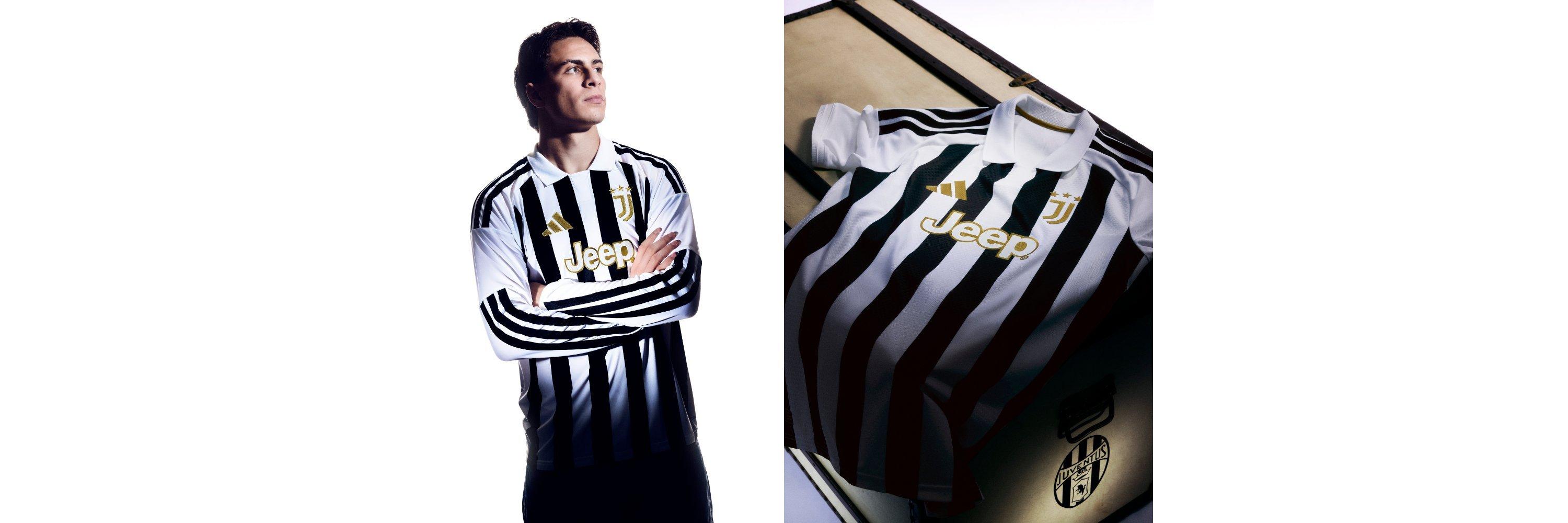 A picture of a man wearing the Juventus 2026/2027 Shirt and a Juventus football shirt on a stand