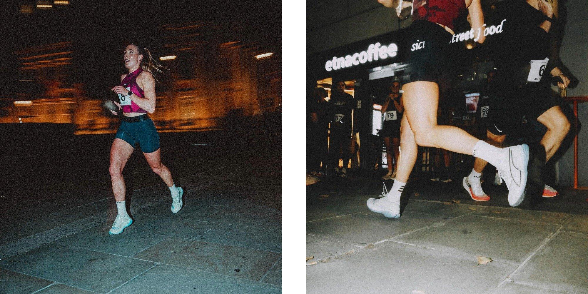 A split image of Kate Hutchinson running
