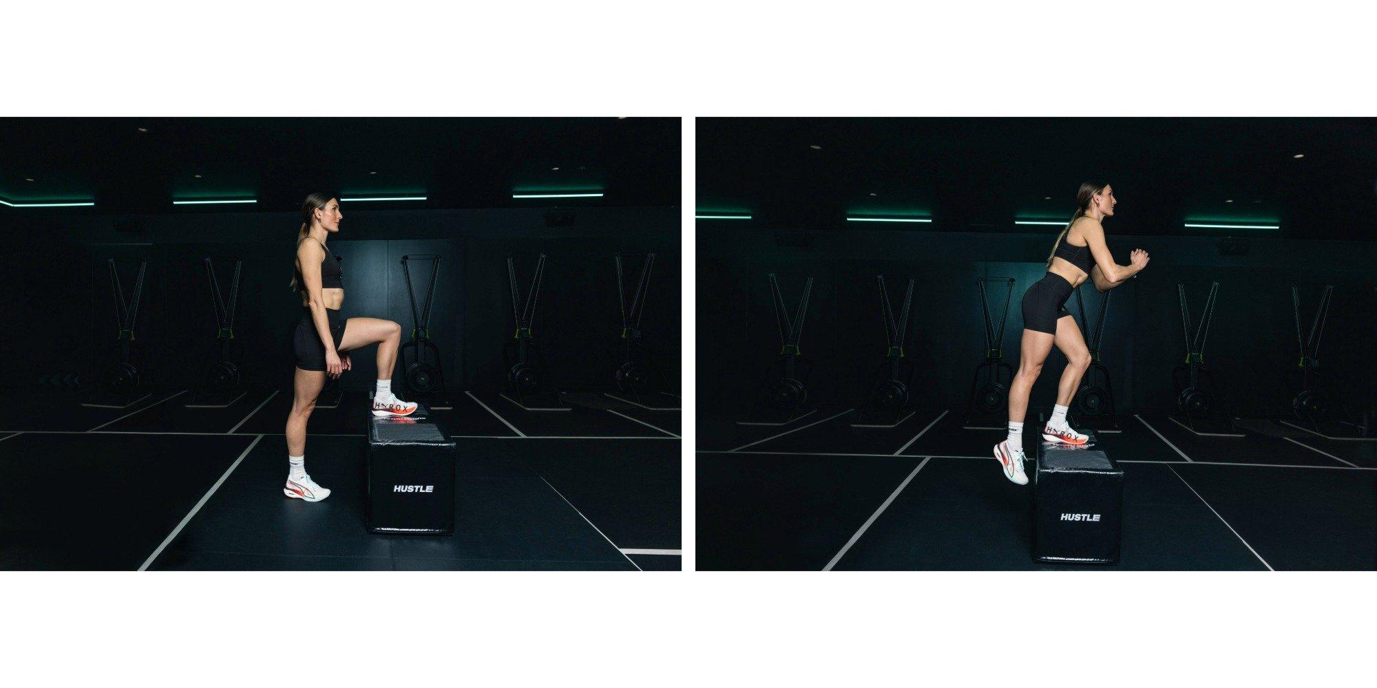 Two images of Kate showing how to do a step up exercise
