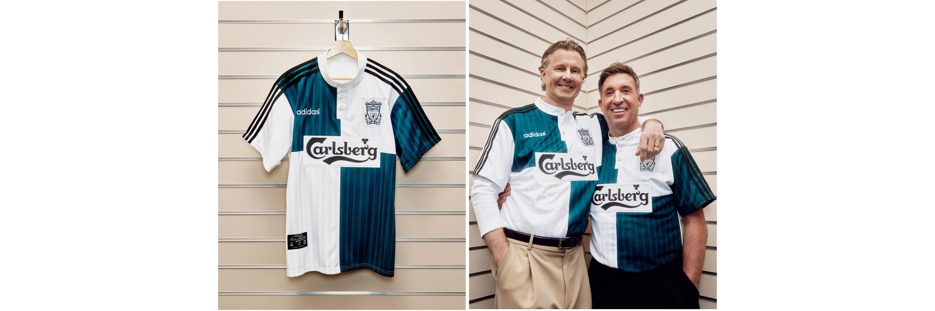 A split image of the adidas x Liverpool 1995 Away Shirt and Robbie Fowler and Steve McManaman wearing this shirt