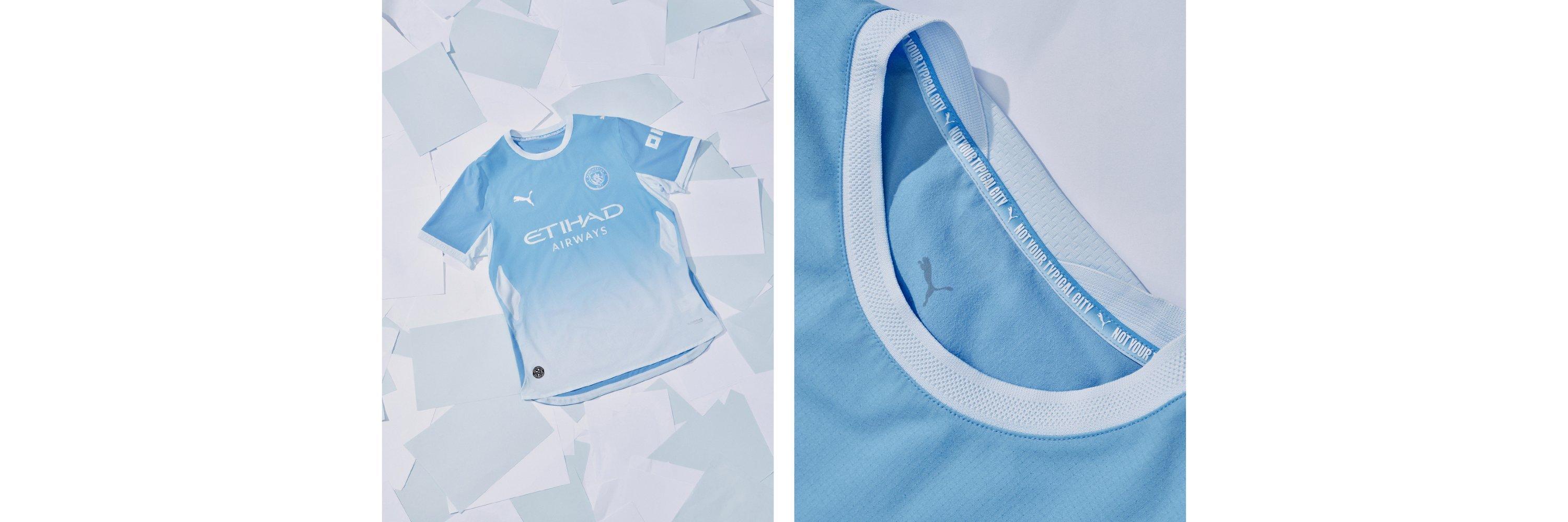 Two pictures of the new Manchester City 2026 / 2027 Premier League Football Kit