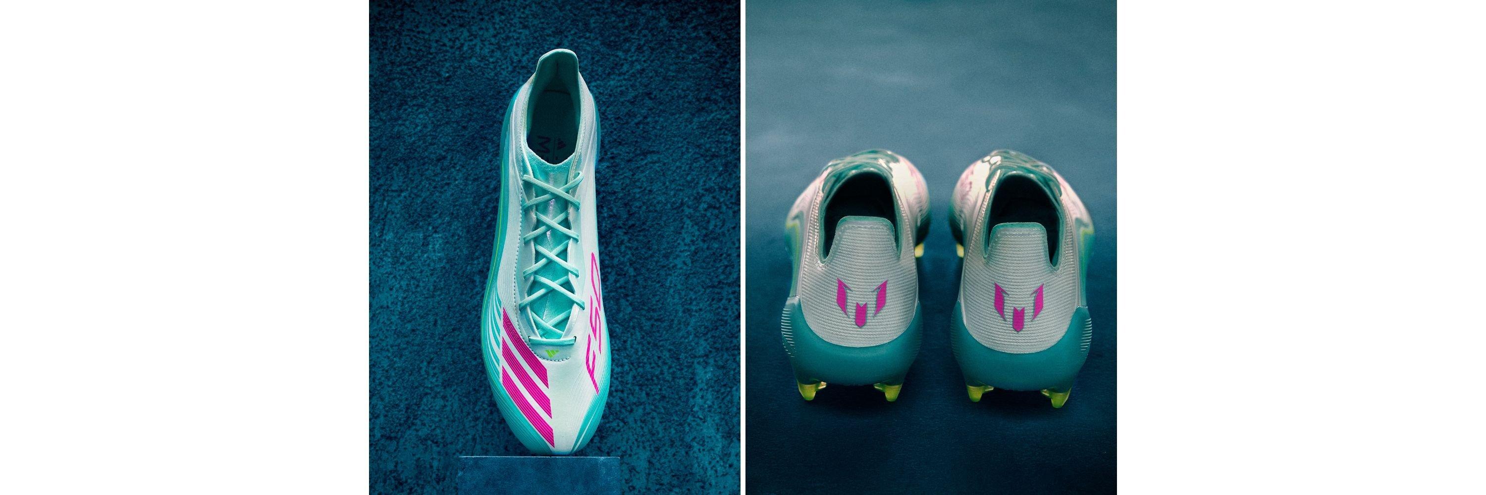 A split image of the adidas F50 Messi Aurora Radiante