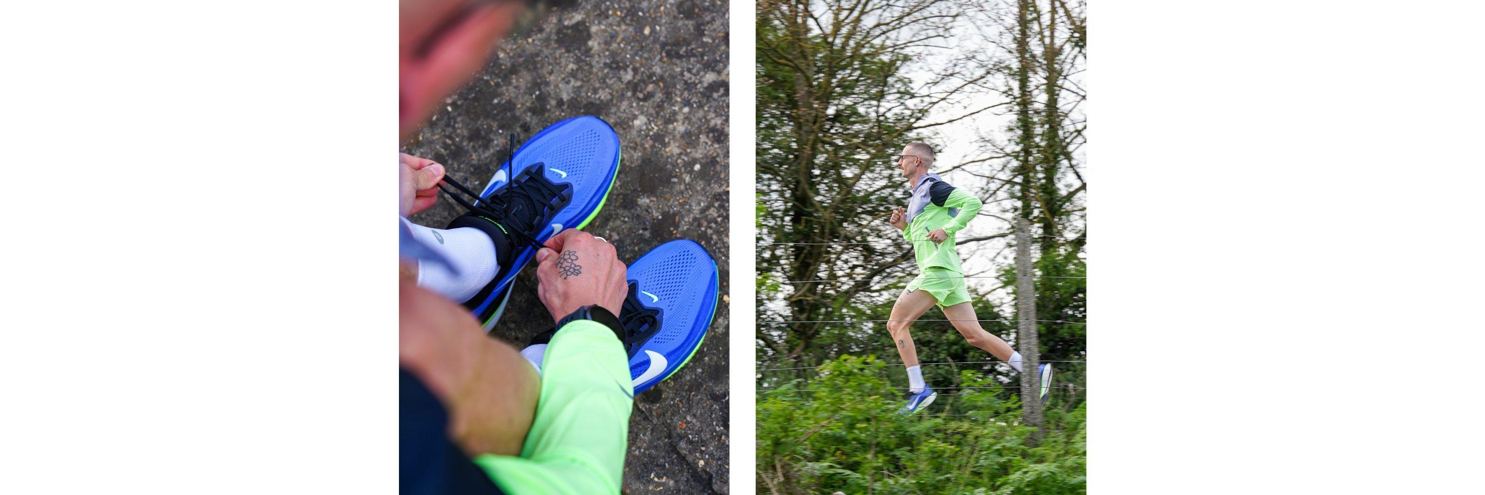 One image of a man lacing up shoes on tarmac and another of a man wearing running clothing running in a forrest