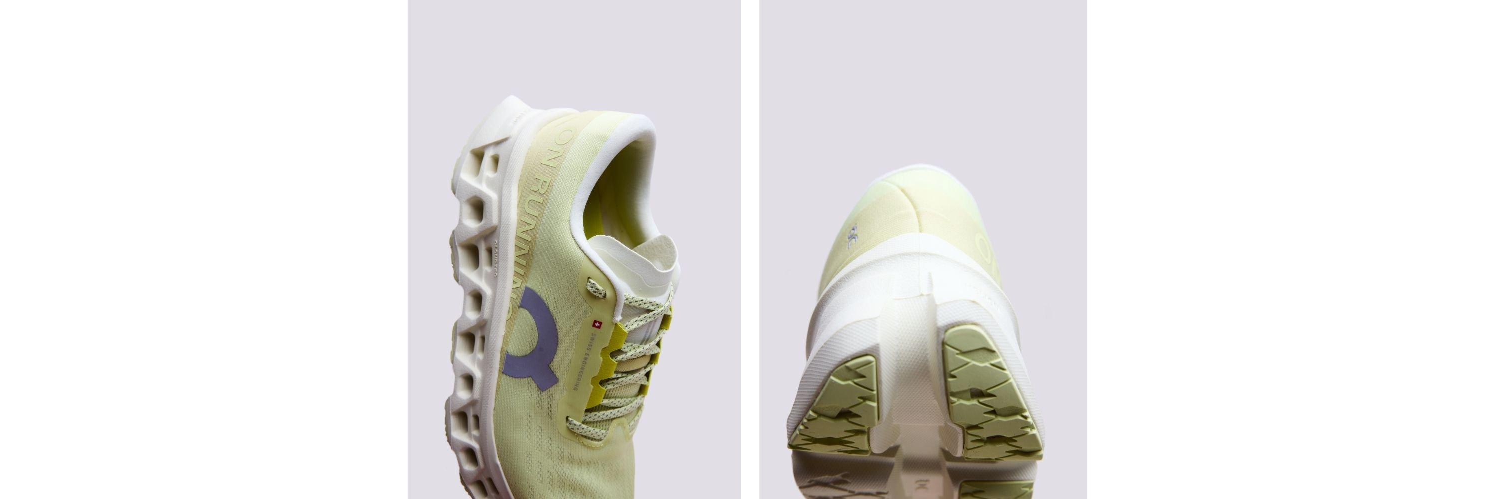 Two images of On Cloudmonster 3 images, one side view and one underfoot view
