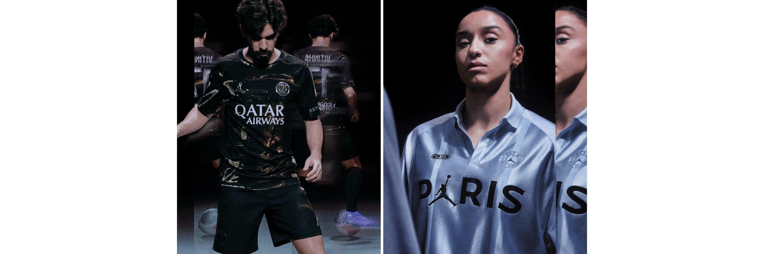 A split image of the new PSG Night Edition kit and training wear