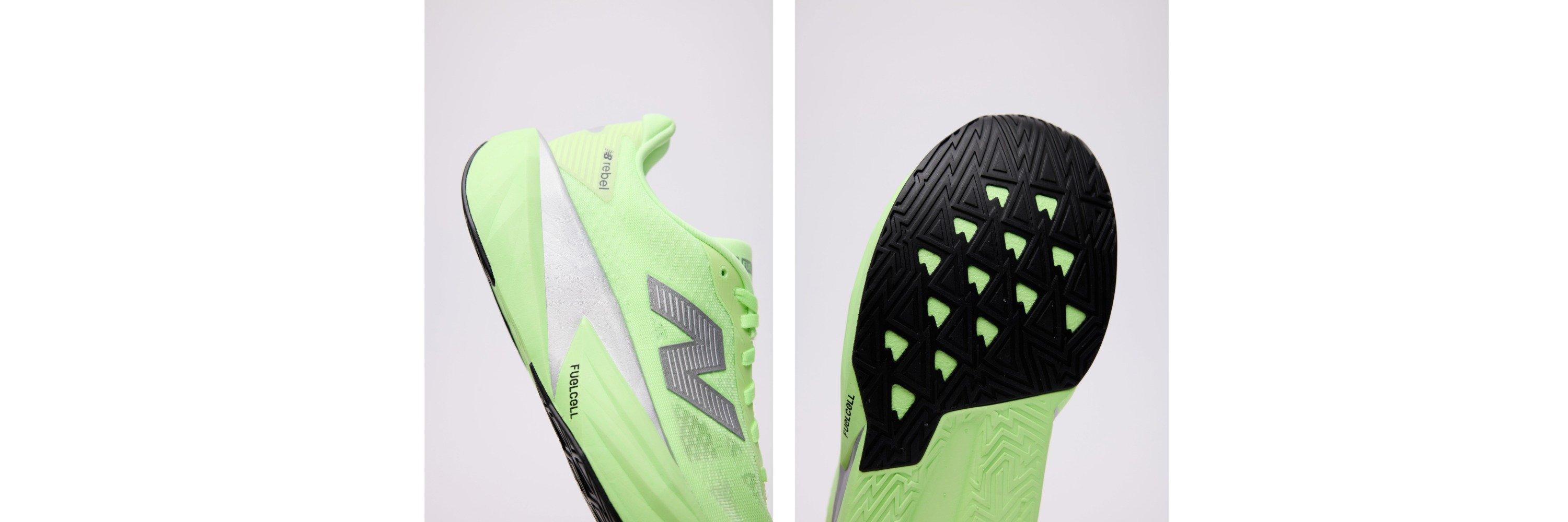 A split image of New Balance Fuelcell Rebel v5 running shoes' heel and outsole