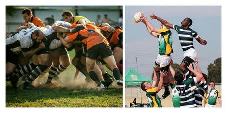 A split image. The first image shows rugby players battling for possession in a scrum. The second shows two players being lifted in a lineout.