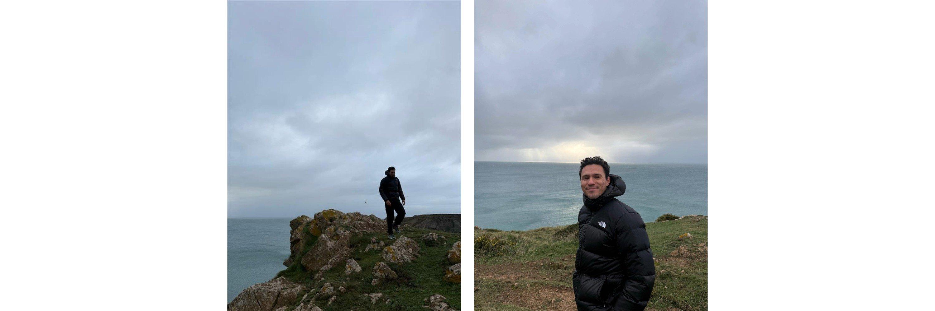 A split image of Tom Sparrow hiking