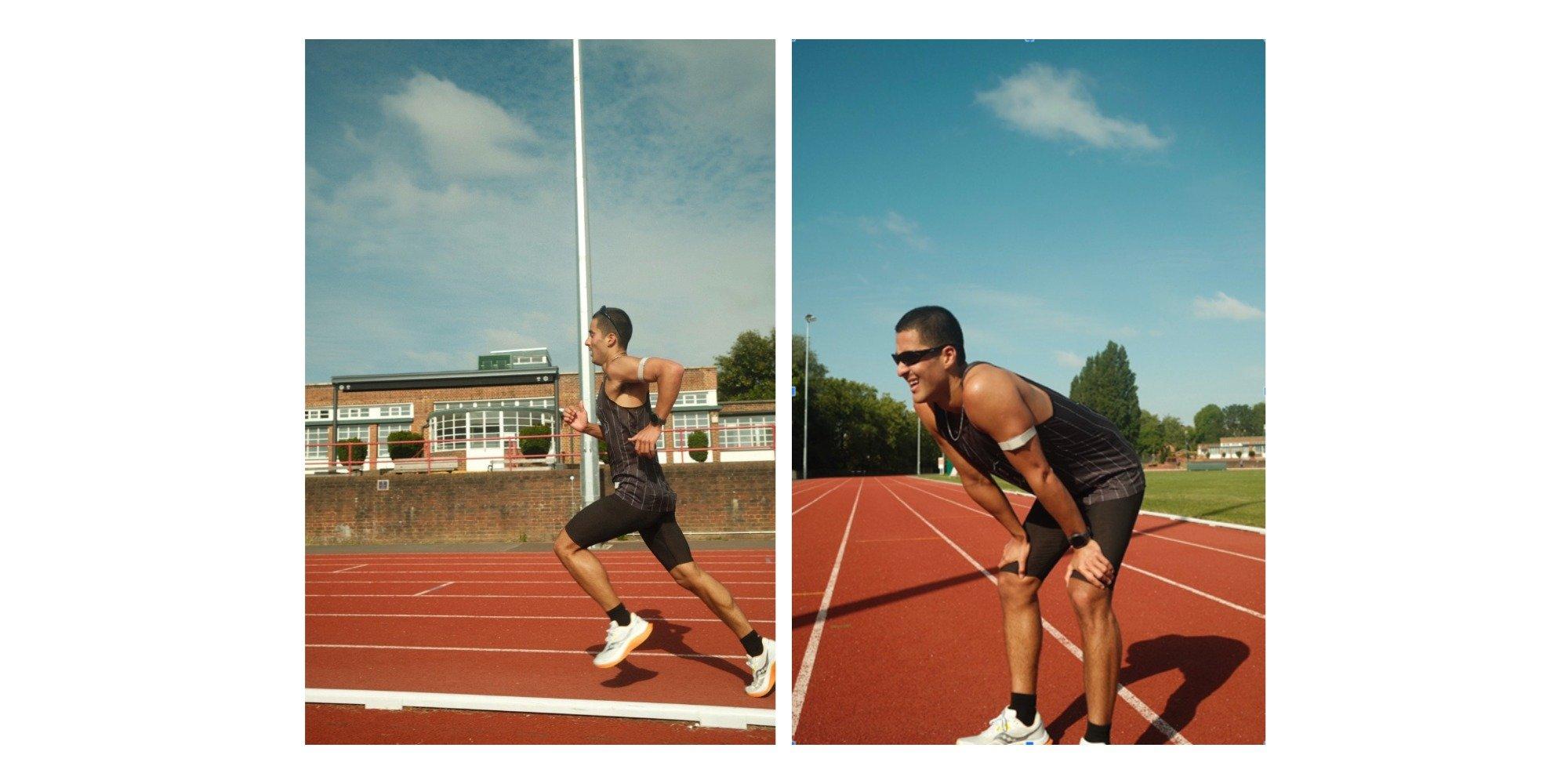 Two images of Tommy on a running track, one shows him running, one shows him bent over in a stretch