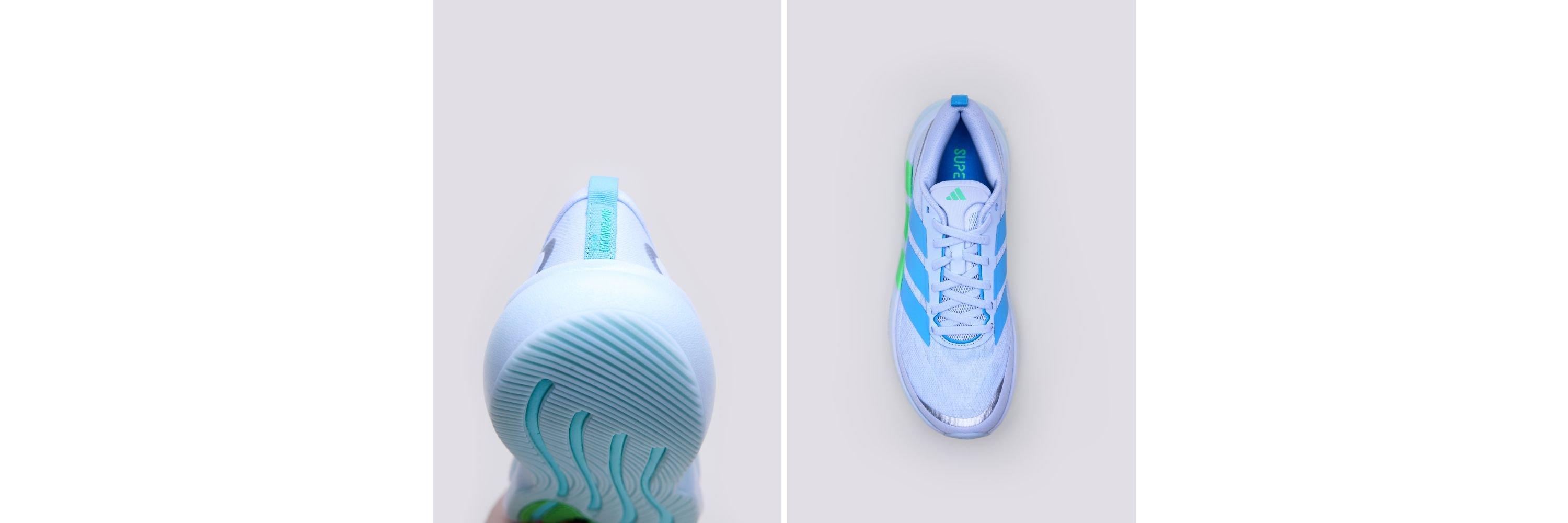 A split image of the adidas Supernova Glide running shoes
