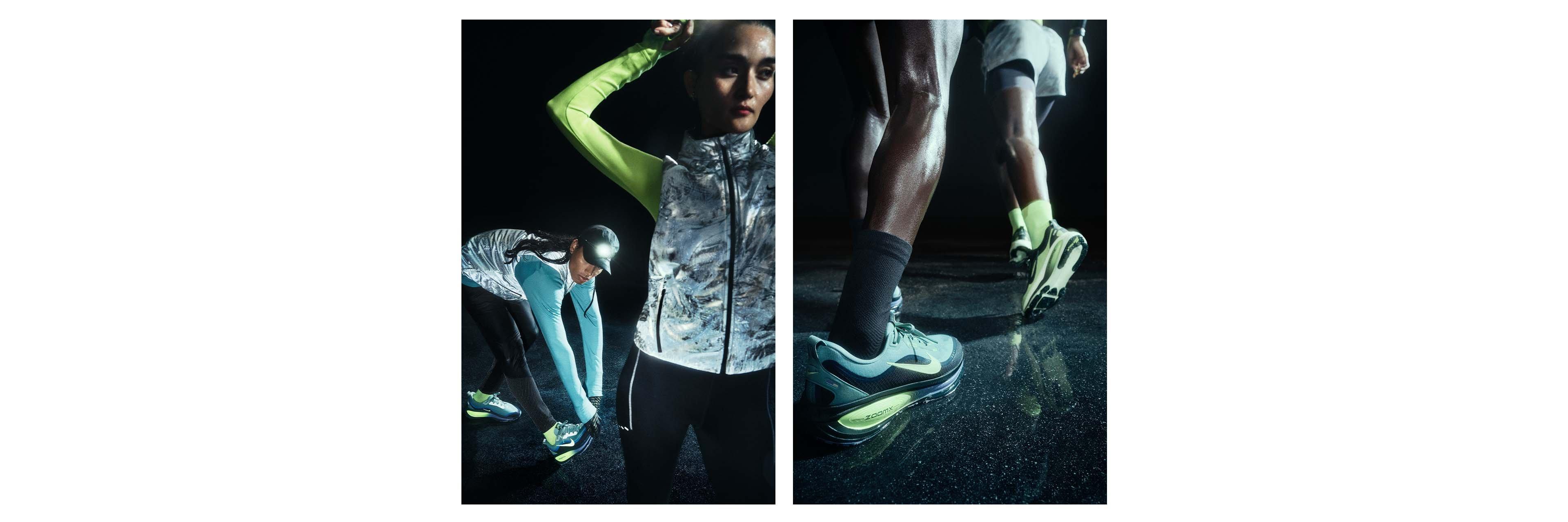 Split image of people wearing reflective running clothing and shoes