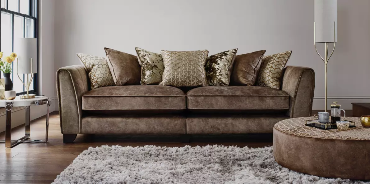 gray living room with brown leather furniture