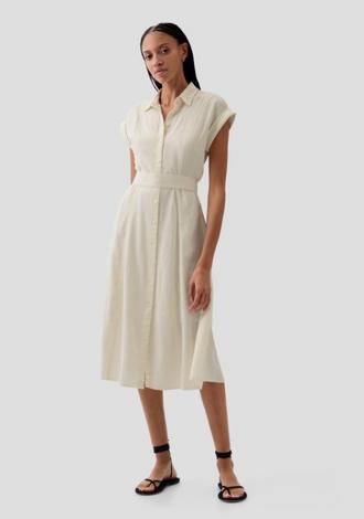 Cotton Linen Dresses for Women Button Down V Neck Tie Side Puff Sleeve  Ruched A-Line Midi Dress Summer Sun Dresses