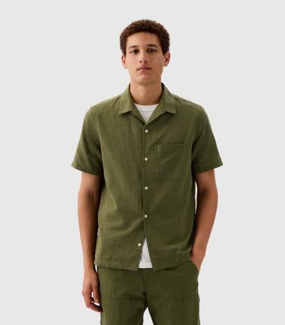  GAP Mens Short Sleeve Linen Resort Collar Button Down Shirt,  Blue Shade, Medium US : Clothing, Shoes & Jewelry