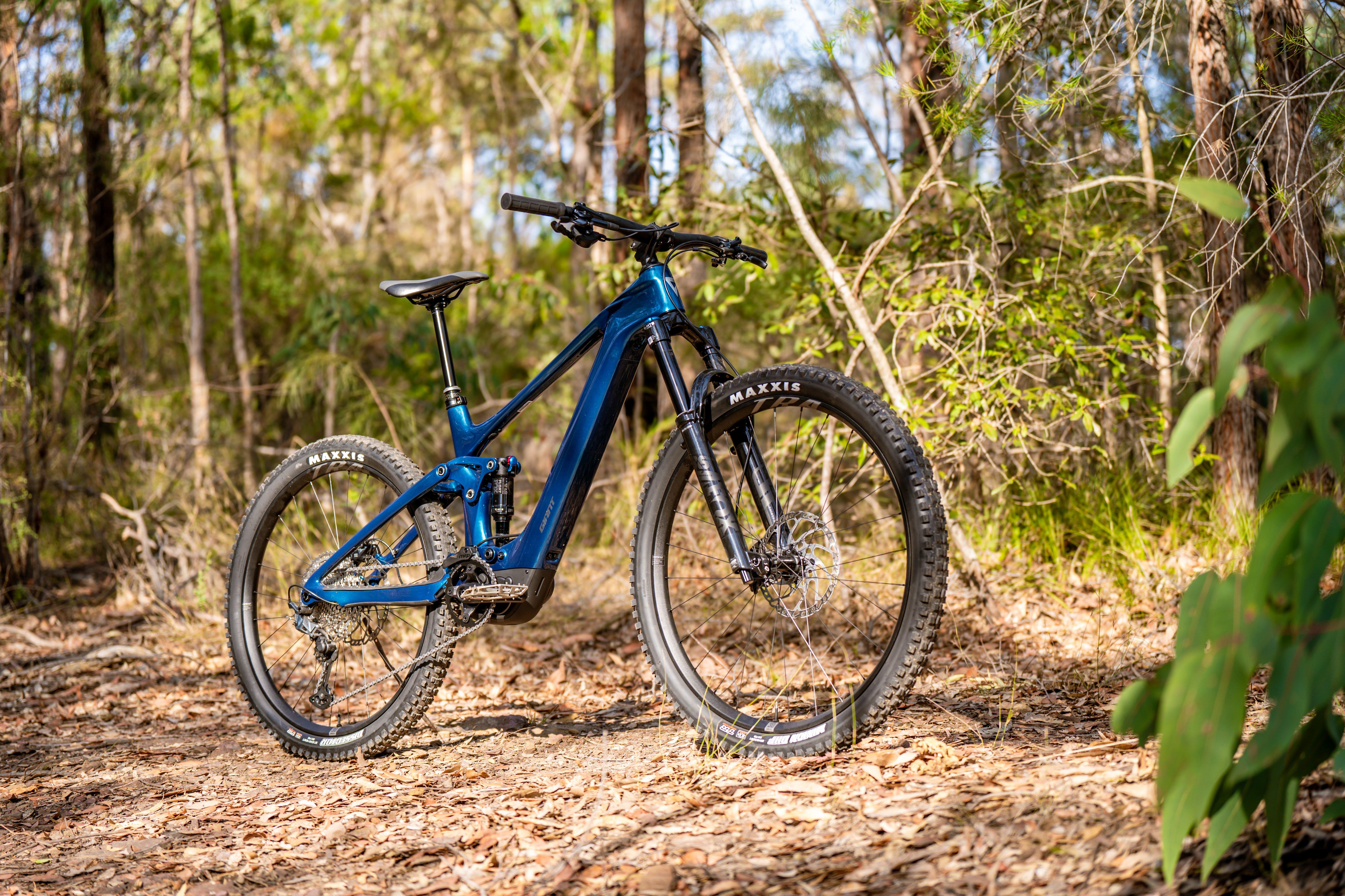 a blue mountain bike is parked in the woods
