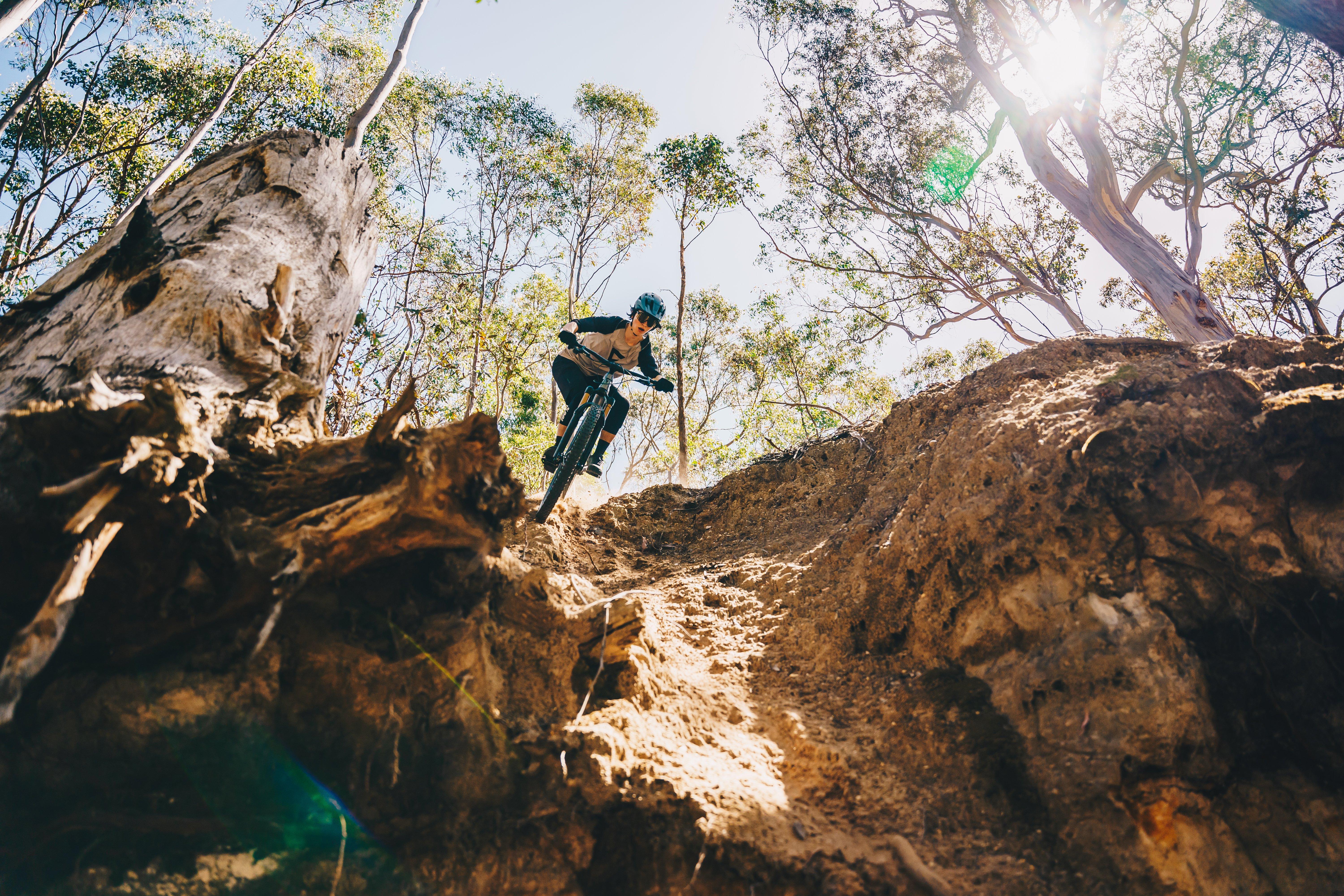 a person riding a mountain bike on a trail through a forest