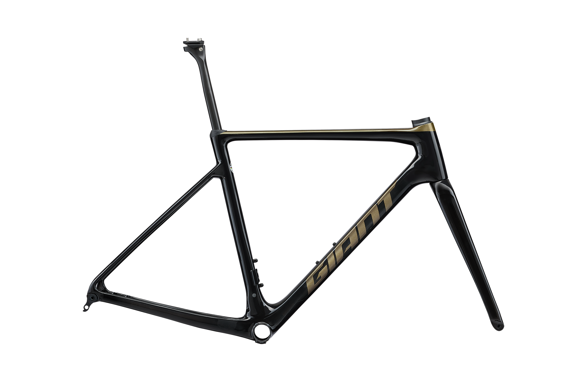 a black and gold bicycle frame with a white background