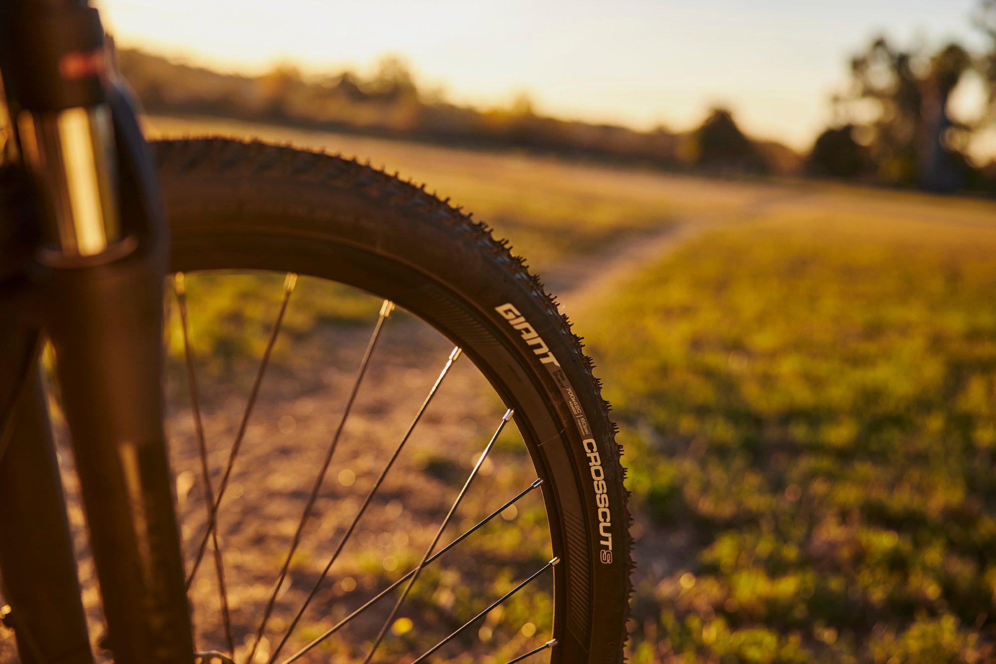 a close up of a bicycle tire on a grassy field