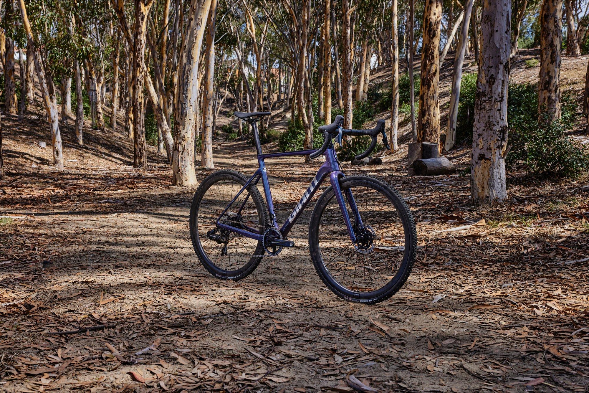 a purple cx bike is parked in the middle of a forest