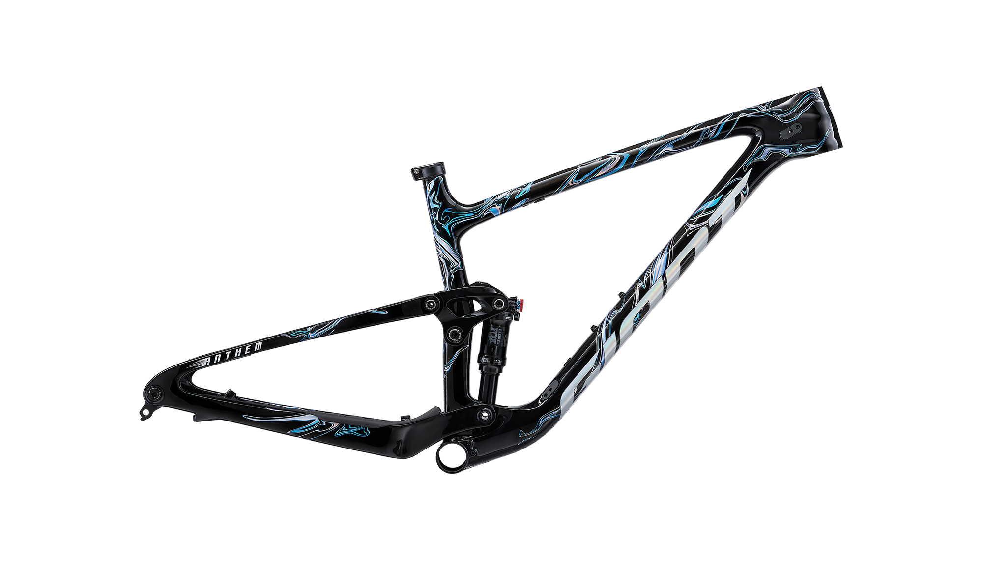 a black and blue bicycle frame with a black background