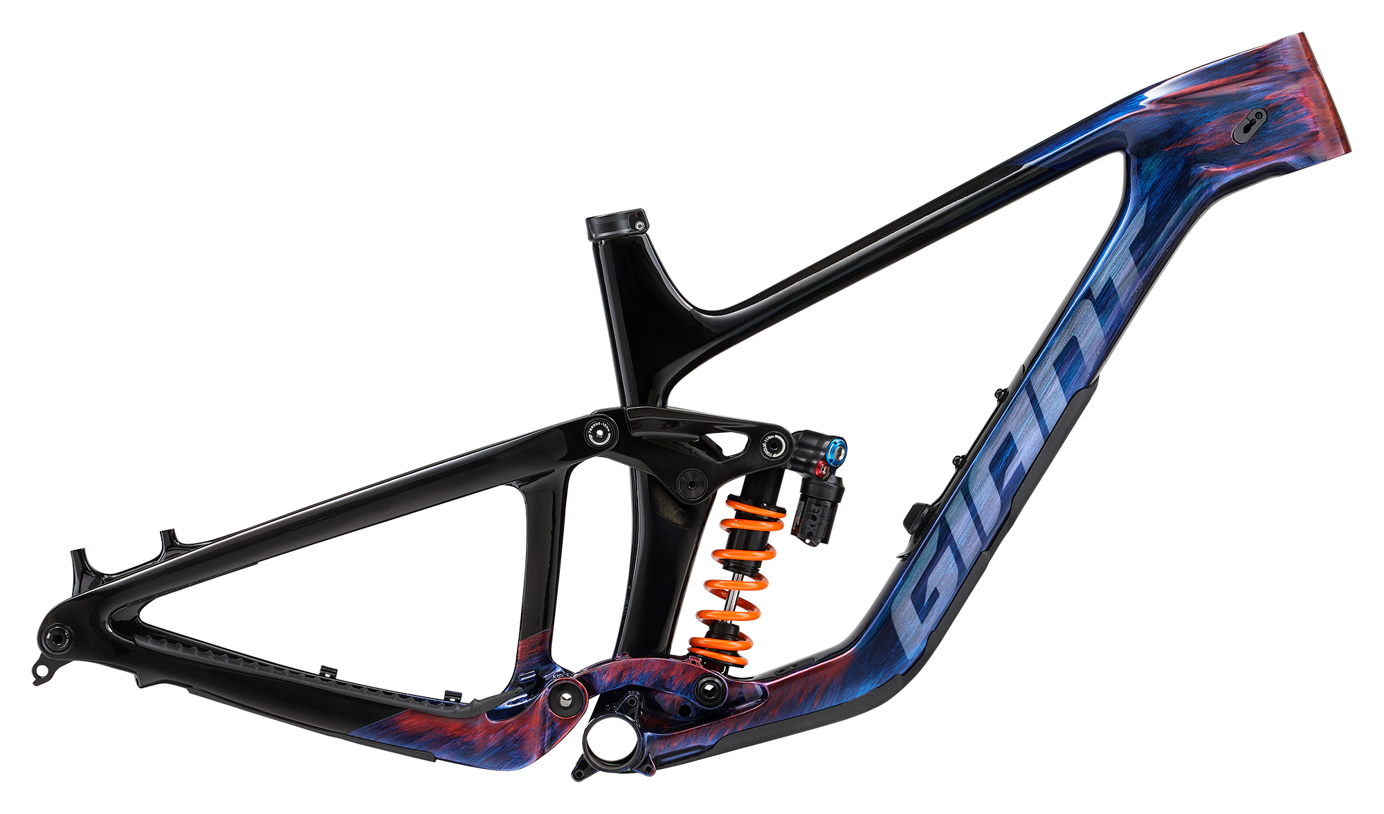 a bicycle frame with a blue and orange paint job