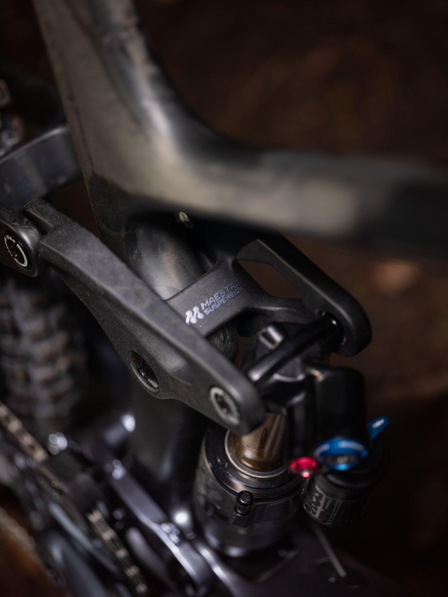 a close up of a bicycle's rear suspension