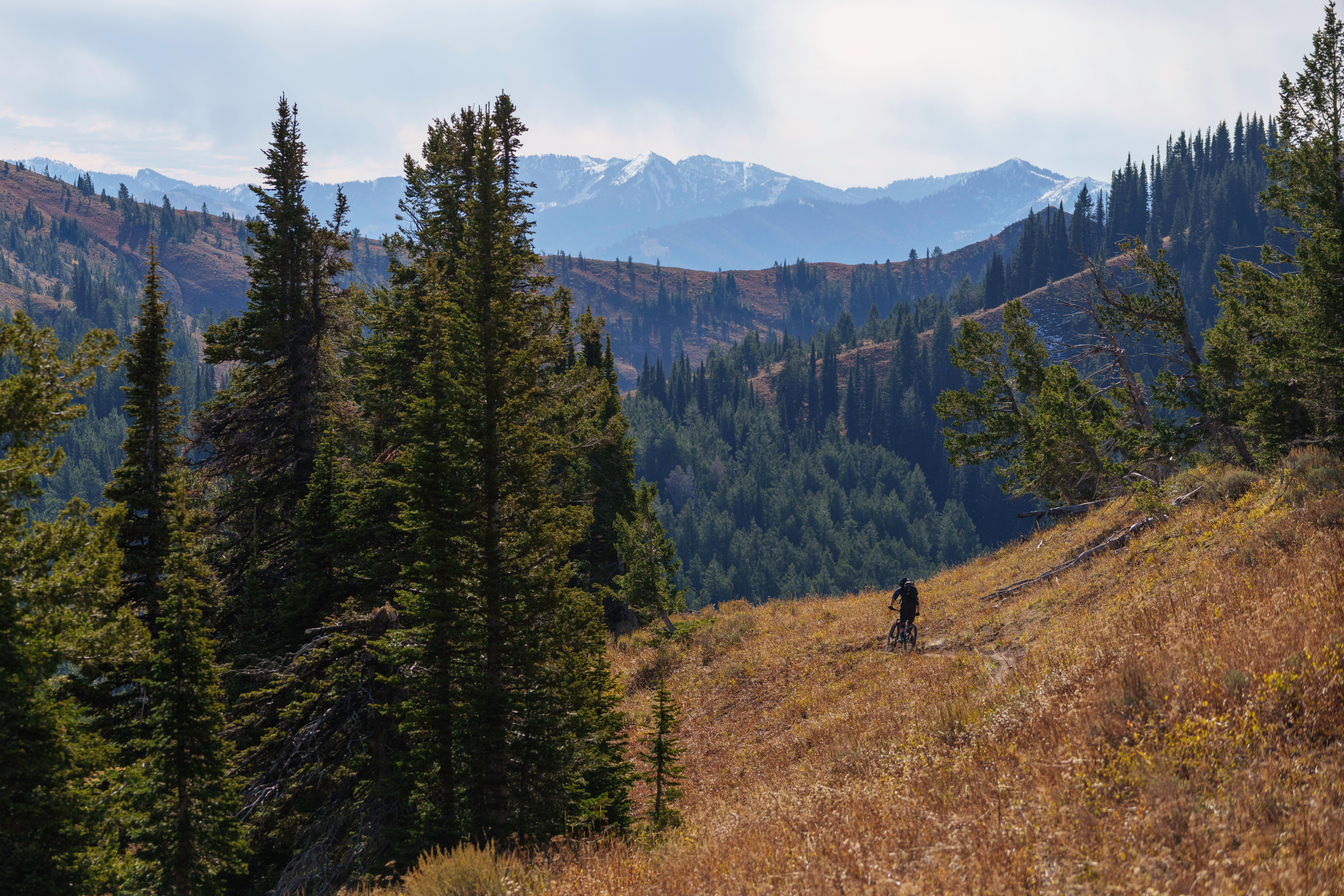 a person riding a bike on a trail in the mountains