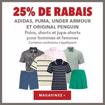 Polos, shorts et jupes-shorts Adidas, Puma, Under Armour et Original Penguin pour hommes et femmes – 25% de rabais