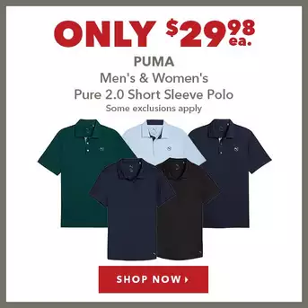 Puma Men's & Women's Pure 2.0 Short Sleeve Polo - Only $29.98 Ea. 