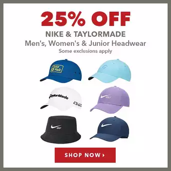 Nike & TaylorMade Men's, Women's & Junior Headwear - 25% Off 