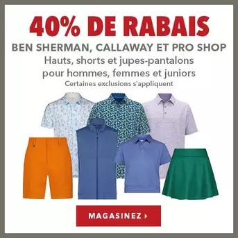 Hauts, shorts et jupe-shorts Ben Sherman, Callaway et Pro Shop pour hommes, femmes et juniors - 40% de rabais