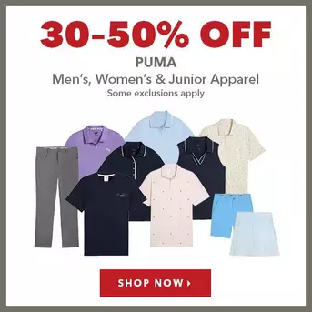 Puma Men's, Women's & Junior Apparel - 30-50% Off 