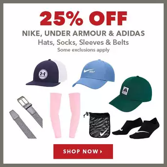 Nike, Under Armour & Adidas Hats, Socks, Sleeves & Belts - 25% Off 