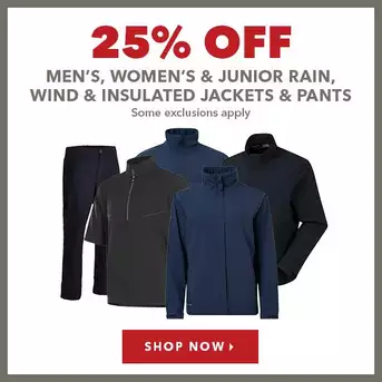 Men's, Women's & Junior Rain, Wind & Insulated Jackets And Pants - 25% Off 