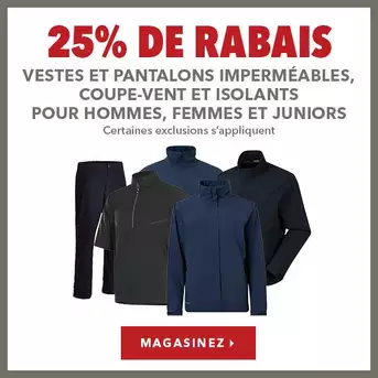 Vestes et pantalons de pluie et coupe-vent pour hommes, femmes et juniors - 25% de rabais