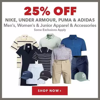 Nike, Under Armour, Puma & Adidas Men's, Women's & Junior Apparel & Accessories - 25% Off 