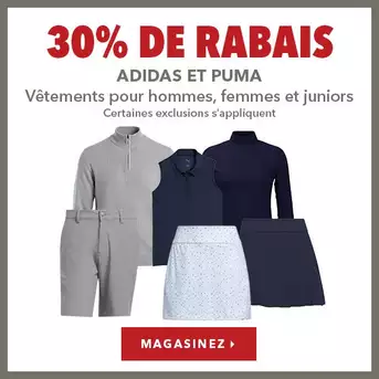Vêtements adidas et Puma pour femmes, hommes et juniors – 30% de rabais