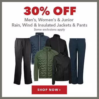 Men's, Women's & Junior Rain, Wind & Insulated Jackets and Pants - 30% Off