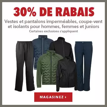 Vestes et pantalons isolés contre la pluie et le vent pour hommes, femmes et juniors – 30% de rabais