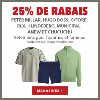 Vêtements Peter Millar, Hugo Boss, G/Fore, RLX, J Lindeberg, Municipal, Anew et Chucuchu pour hommes et femmes - 25% de rabais