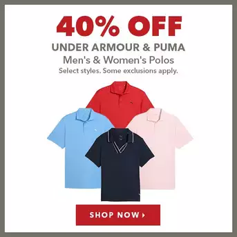 Select Under Armour & Puma Men's & Women's Polos - 40% Off