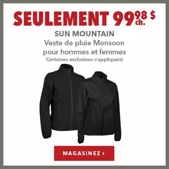 Veste de pluie Sun Mountain Monsoon pour hommes et femmes - Seulement 99,98 $ ch.