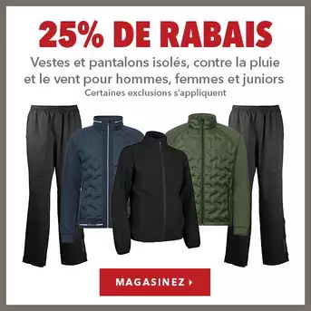 Vestes et pantalons isolés contre la pluie et le vent pour hommes, femmes et juniors – 25% de rabais