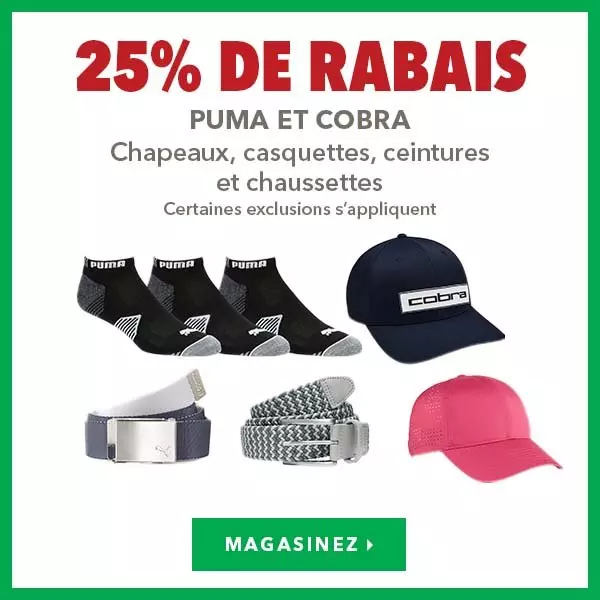 Casquettes, chapeaux, visières, ceintures et chaussettes Puma et Cobra – 25% de rabais